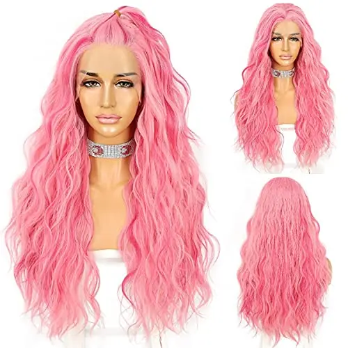 

Long Pink Body Wave Lace Front Wig Green Synthetic Lace Front Wig With Natural Hairline Heat Resistant Cosplay Wig For Party