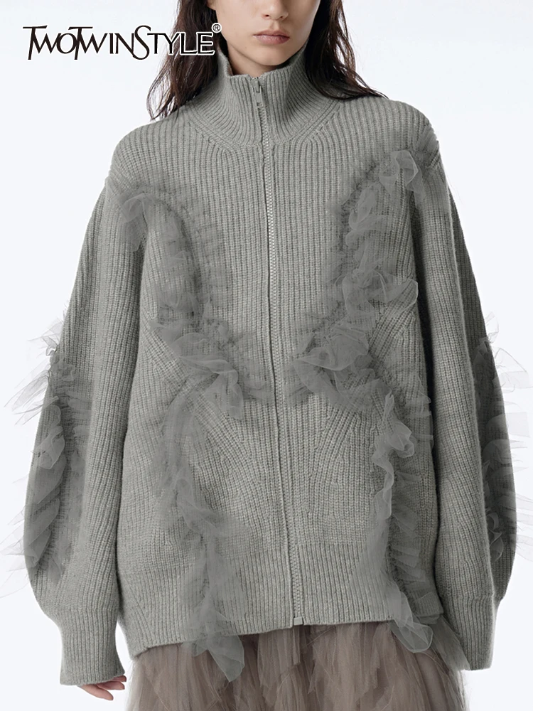 

Женский трикотажный свитер TWOTWINSTYLE, повседневный Однотонный свитер с длинными рукавами и воротником-стойкой, 2023