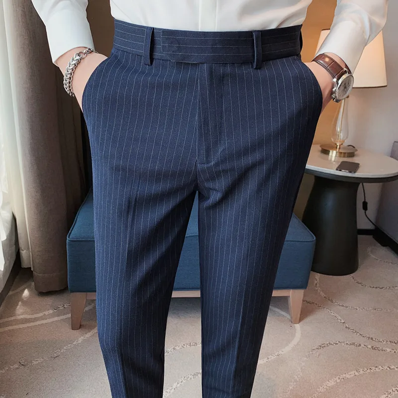 

Мужские деловые брюки в полоску, темно-синие облегающие однотонные брюки, повседневные формальные мужские классические брюки, 38-28, 2023