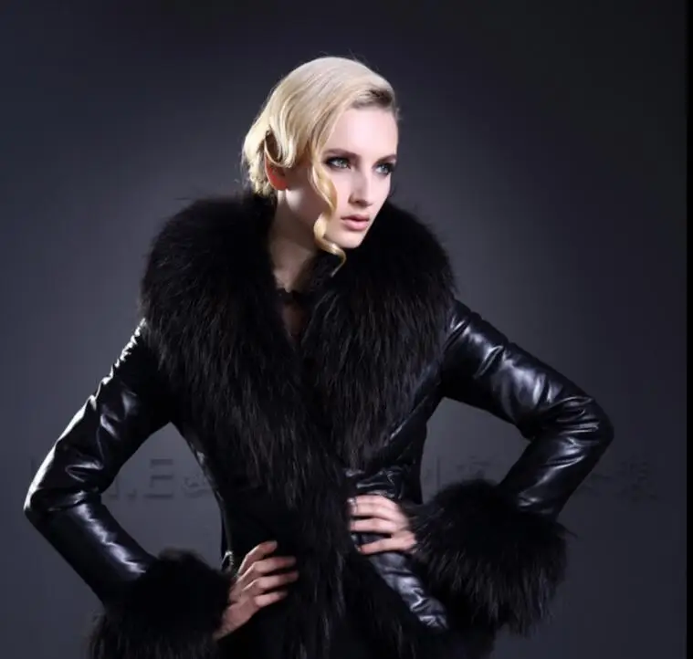 Red Black Raccoon Fur Collar Imitation Fur Pu Fur Short Slim Fit Coat Sheep Skin Leather Jacket Women 2023 Indie Coat Jackets