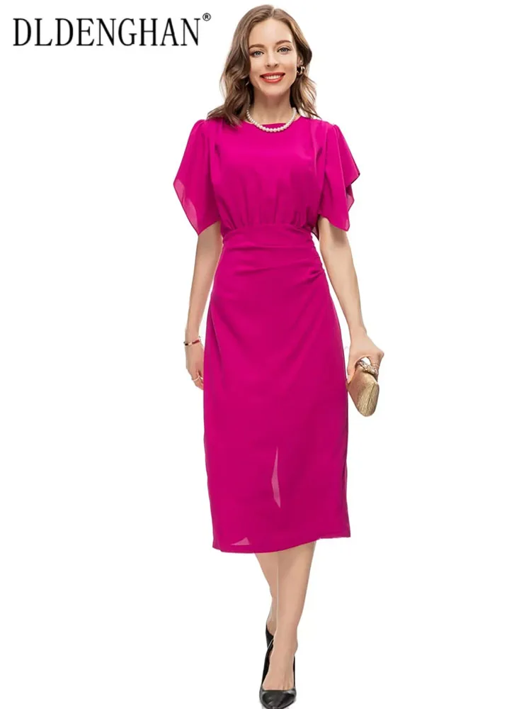 

Платье DLDENGHAN женское с круглым вырезом, однотонное элегантное модельное платье-карандаш со складками и рукавом-бабочкой, весна-лето