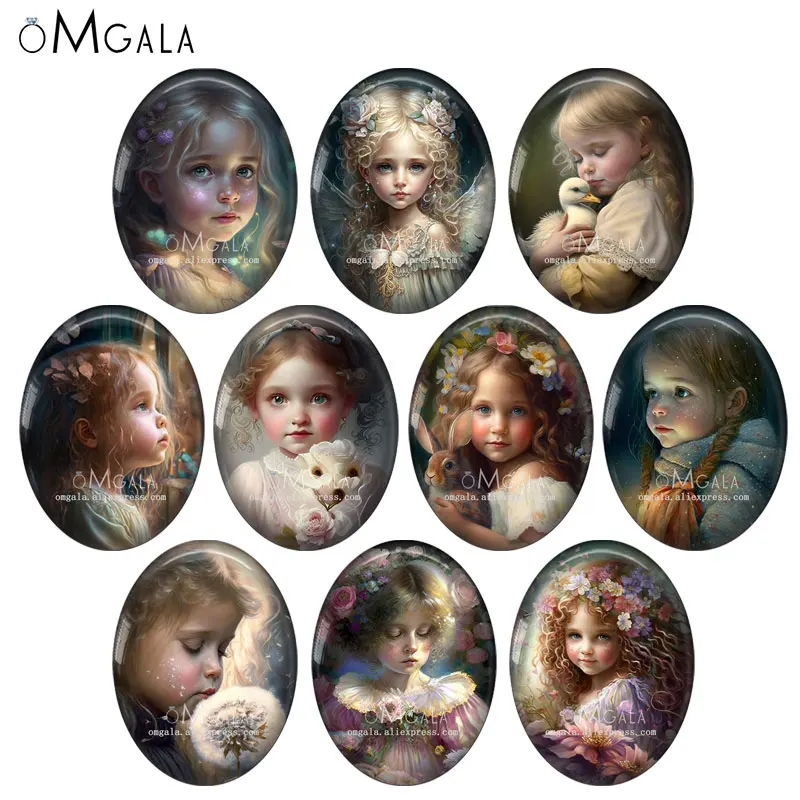 

10pcs/lot Lovely Baby Gilrs Oil Painting Retro Patterns Oval photo glass cabochon demo flat back Making findings 13X18/18X25mm
