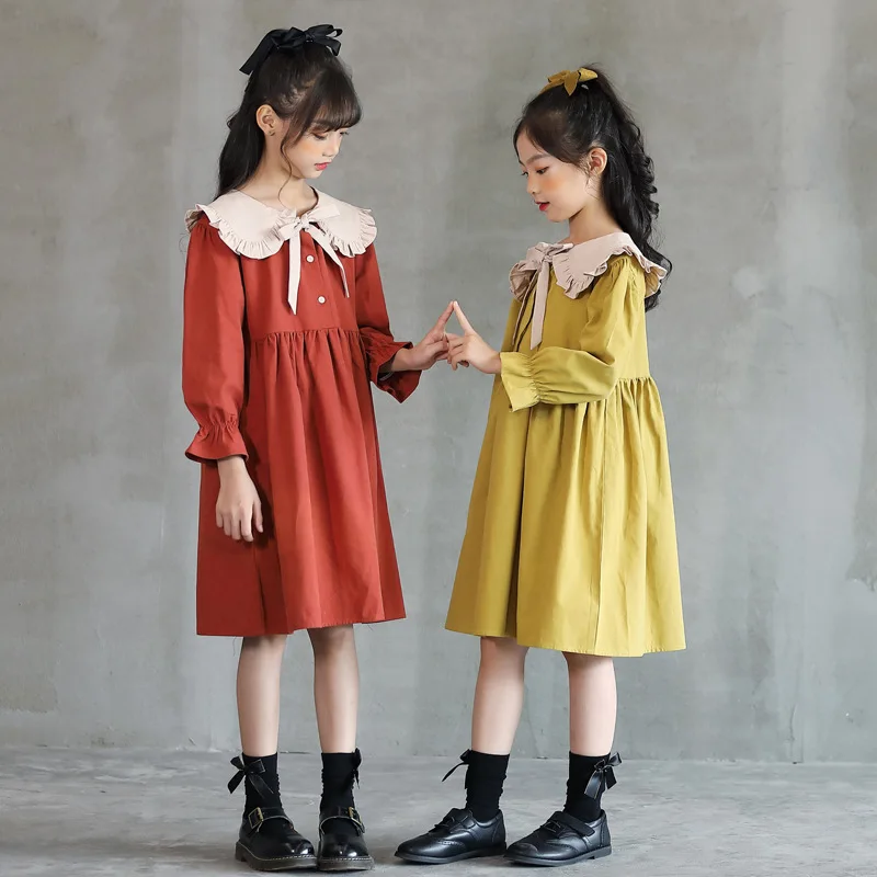 

6Y to 16Y Girls Dress 2022 Fall New Mori Retro Ruffles Collar Baby Christmas Dress Kids Cotton Clothes Toddler Clothes Bow,#5633