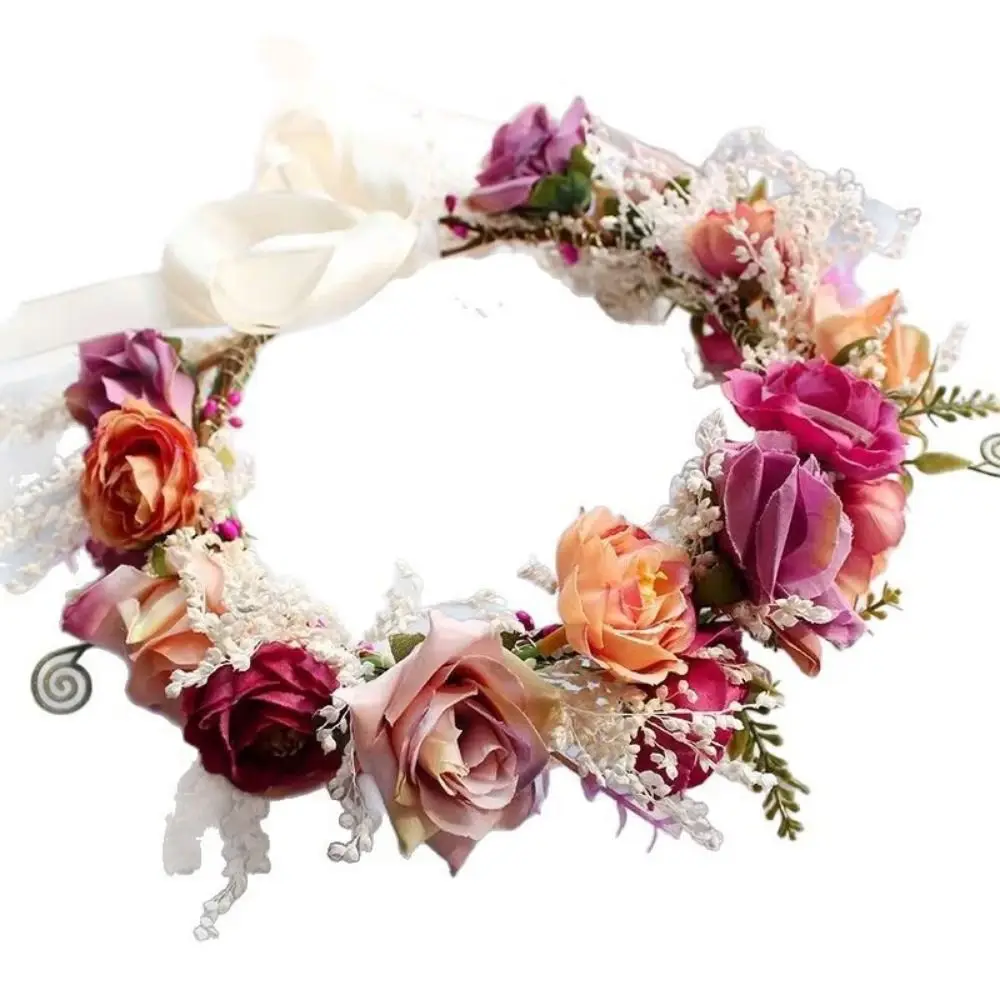 Фото Искусственная цветочная повязка на голову, элегантный цветочный венок в стиле бохо, корейская модная свадебная повязка, головной убор для невесты и подружек невесты №5