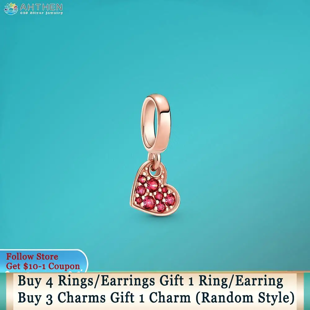 

Ahthen 925 Sterling Silver Bead Red Pavé Tilted Heart Dangle Charm fit Original Pandora Bracelets Women Jewelry Making Girl Gift