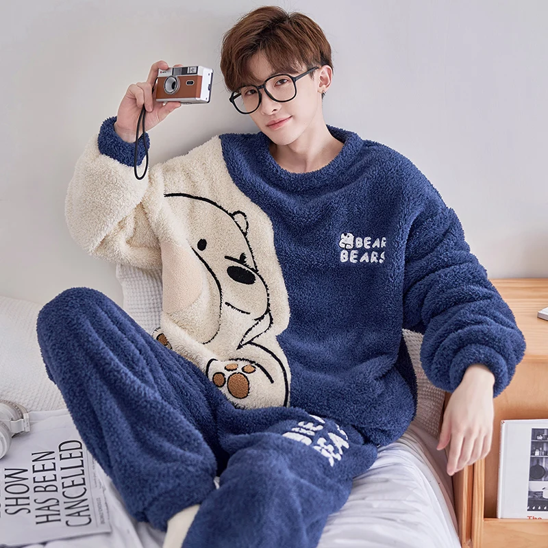 FUNISHI Cartoon Loose Version Pajama Set Plus Size 4XL Winter Pajamas Men's pijama Inspissate Flannel Pullover Sleepwear