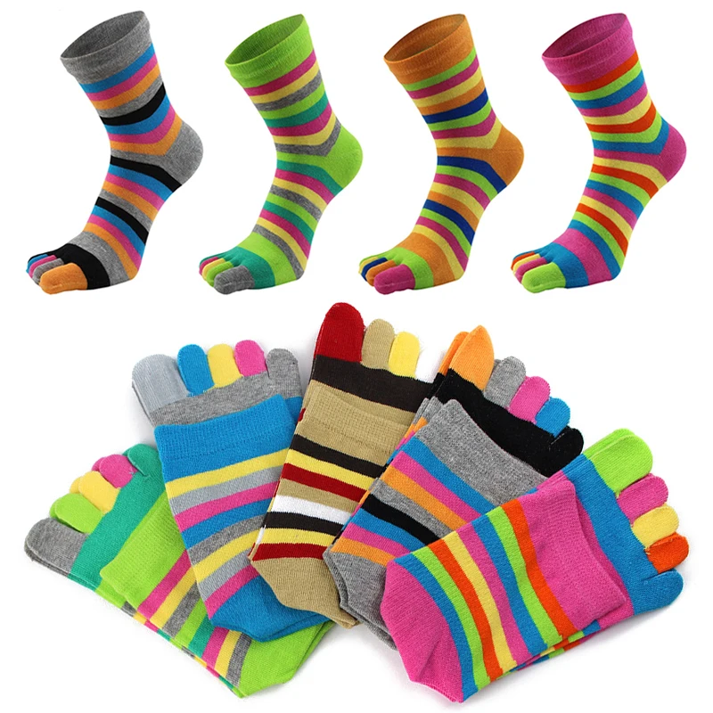 

Unisex Funny Five Fingers Socks Colorful Striped Foot Socks For Women Men Four Seasons 1 Pair Elasticity Sweat Long Sock