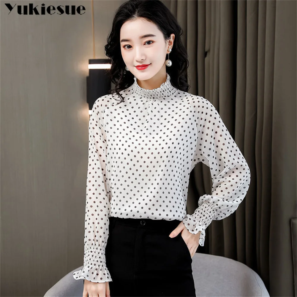 Блузка женская шифоновая в горошек элегантная рубашка с длинным рукавом топ на