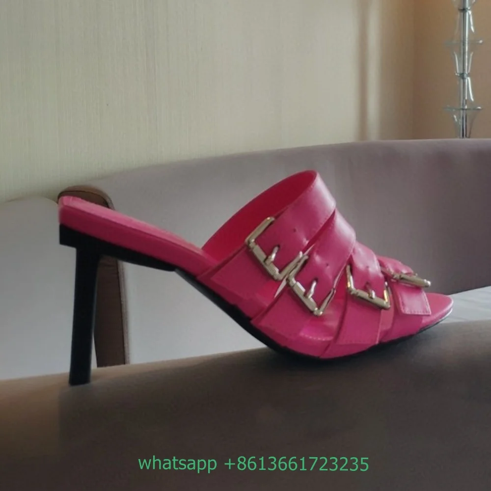 Four Belt Buckle Peep Toe Slippers Stiletto Heel Slip on Sandals Solid Color PU  Women Summer Sandals Casual High Heel Slides