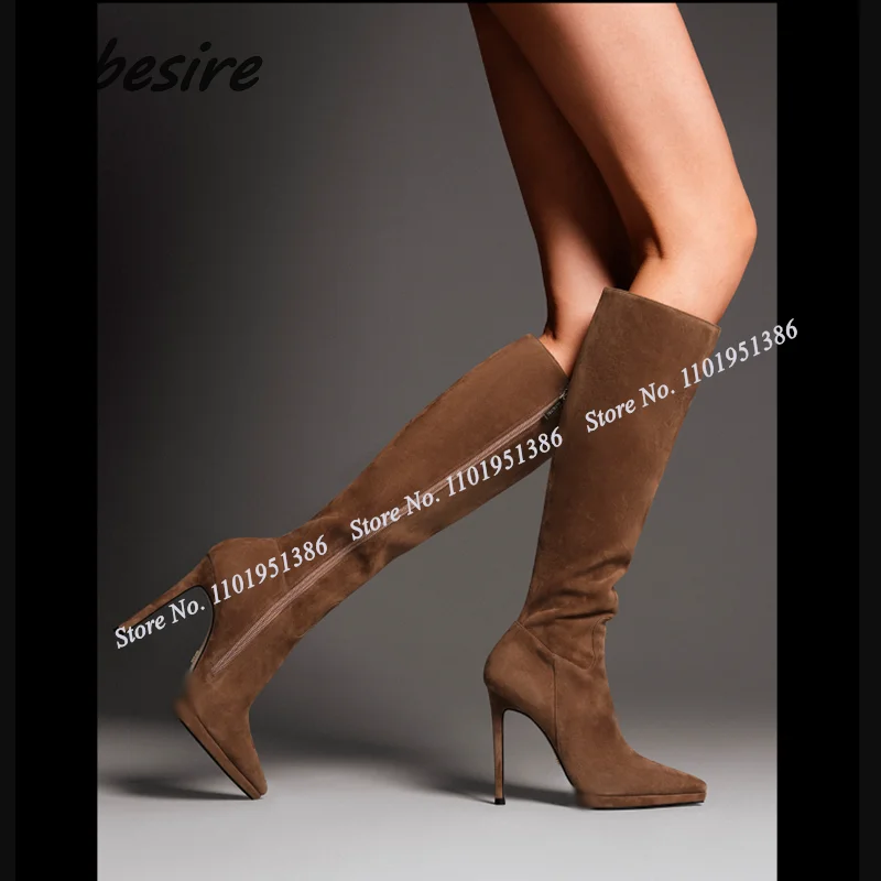 Abesire Brown Side Zipper Suede Boots Knee High Pointed Toe Stiletto Shoes for Women Thin High Heels Winter Zapatillas Mujer