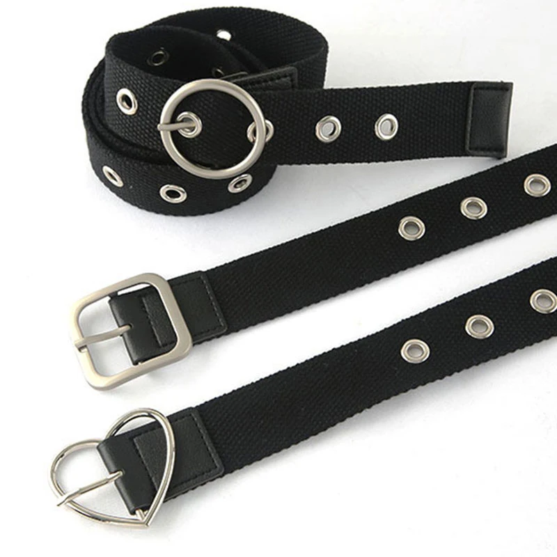 

Love Heart Square Women's Belt Black Canvas Grommet Hole Buckle Waistband For Women Jeans Waist Belt Round Alloy Buckle Belt