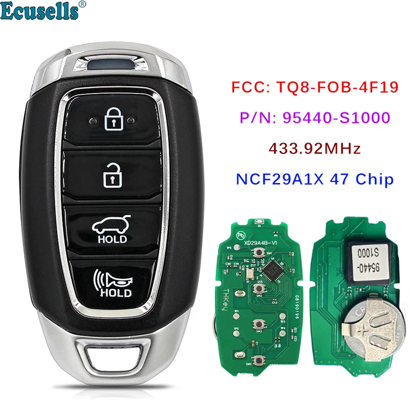 Mando a distancia inteligente sin llave, 4 botones, 433MHz, Chip ID47 para Hyundai Santa Fe 2019 2020 FCC ID: TQ8-FOB-4F19, p/n: 95440-S1000