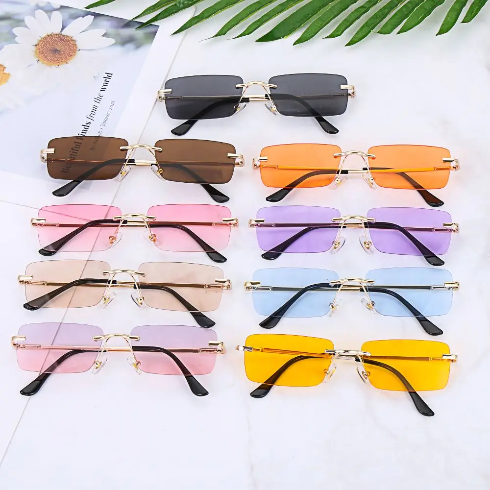 Unisex Small UV400 Retro Rectangle Rimless Gradient Glasses Sun Glasses Women Vintage Sunglasses