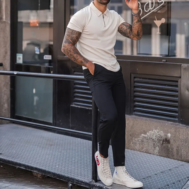 Рубашка-поло мужская с коротким рукавом уличная одежда на молнии в стиле ретро