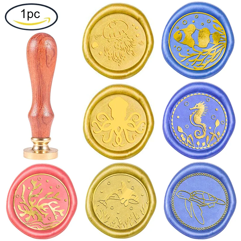 

1 штамп для воска, винтажные штампы для воска морской жизни, морские животные, ретро, 25 мм, съемная латунная головка, деревянная ручка для «сд...