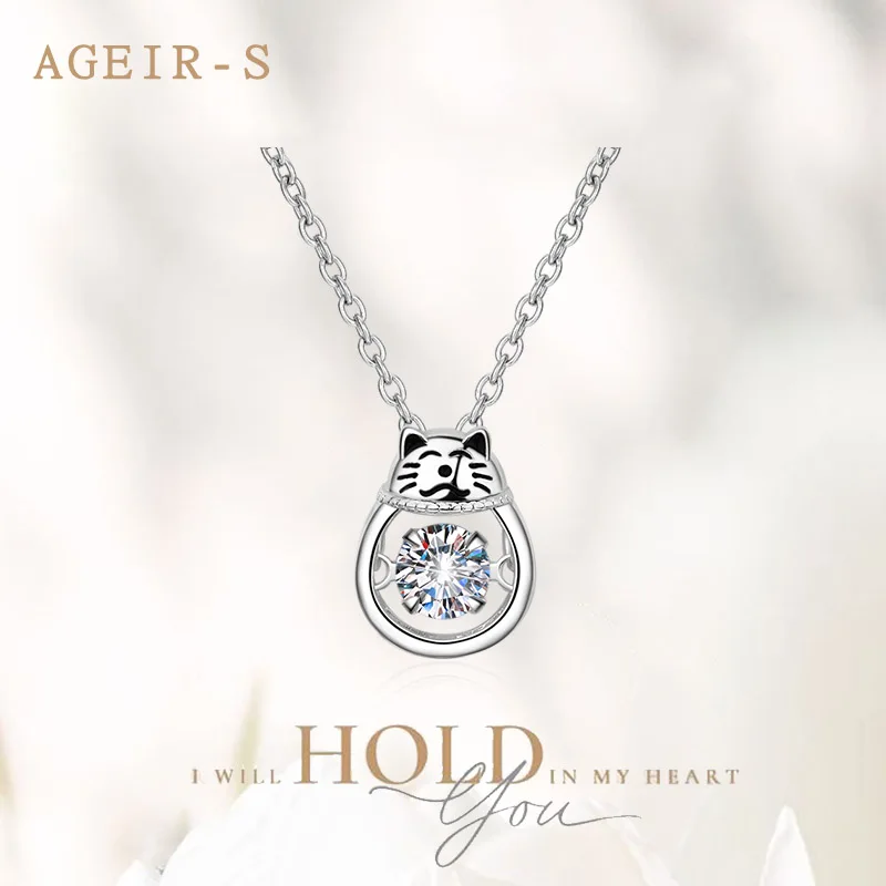 

AGEIR-S 30 Cent Moissanite Kitten Necklace for Women Classic Pendant 100% S925 Sterling Silver Chain Jewelry Wholesale Z093