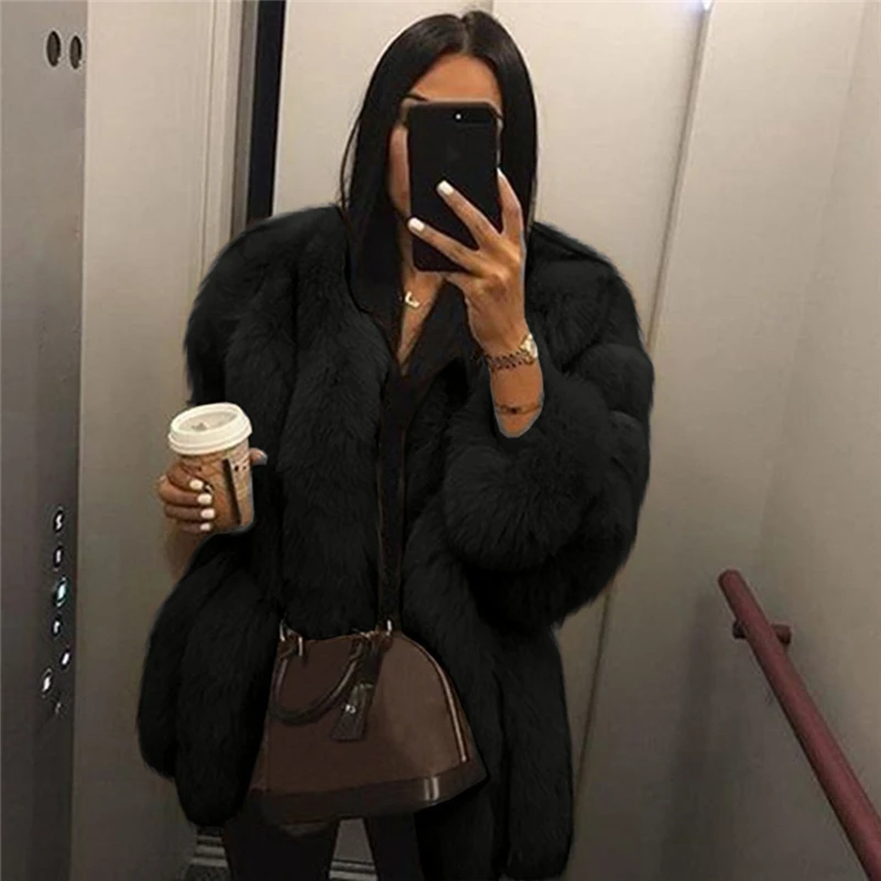 2022 New Casual Fashion Faux Fur Solid Color Round Neck Faux Fur Long Sleeve Plush Temperament Ladies Jacket
