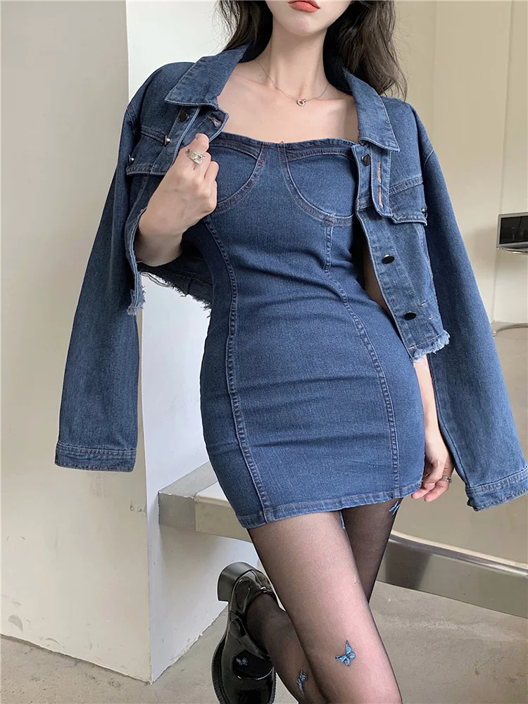 

Women's Suit Tight Mini Denim Dress Cardigan Jacket Vintage Corset Dress Fashion Two Piece Sexy Women Clothing Korean Style
