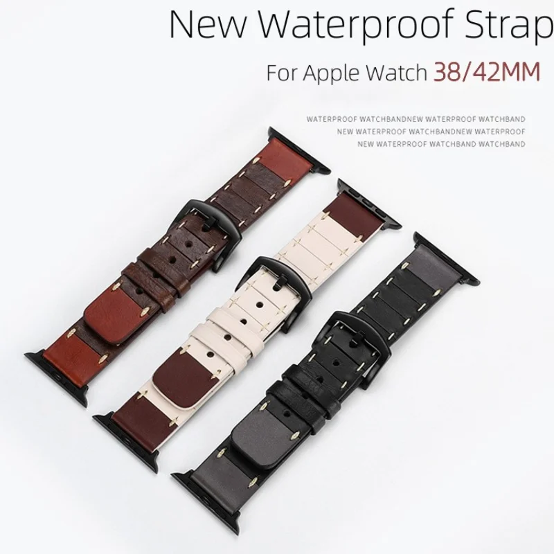 

Ремешок из натуральной кожи для Apple Watch Band 38 мм 42 мм, водонепроницаемый мужской браслет из воловьей кожи Crazy Horse для iwatch Series 3 2 1