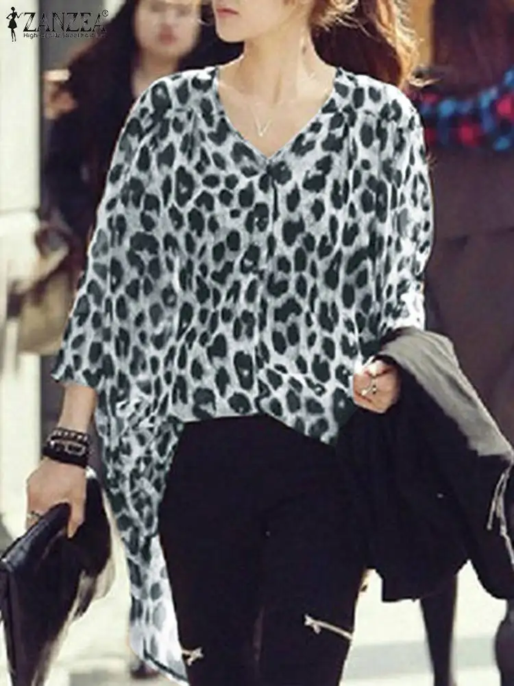 

ZANZEA Women Summer Leopard Print Cardigan Bohemian Long Sleeve V-Neck Casual Long Shirt Beach Chiffon Blouse Holiday Kimonos
