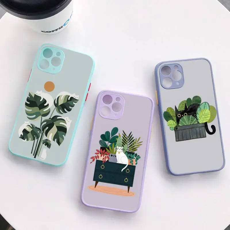 

Retro Banana Leaf Plant Cute Cat Phone Case for iPhone 14 X XR XS 7 8 Plus 11 12 13 pro MAX 13mini Translucent Matte Case