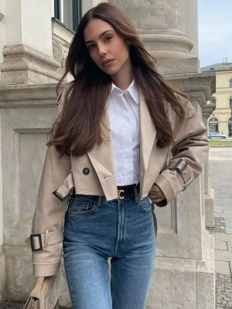 

Fashion Turn-down Collar Double Breasted Belted Short Trench Coats Outerwears Y2K 2023 Ladies Long Sleeve Jackets Streetwear Top