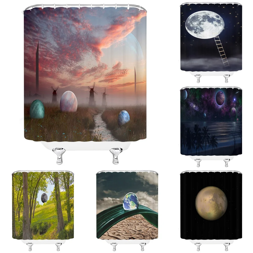 

Creative Universe Planet Shower Curtain Forest Grass Sea Scenery Tree Outer Space Moon Earth Fabric Bath Curtains Bathroom Decor