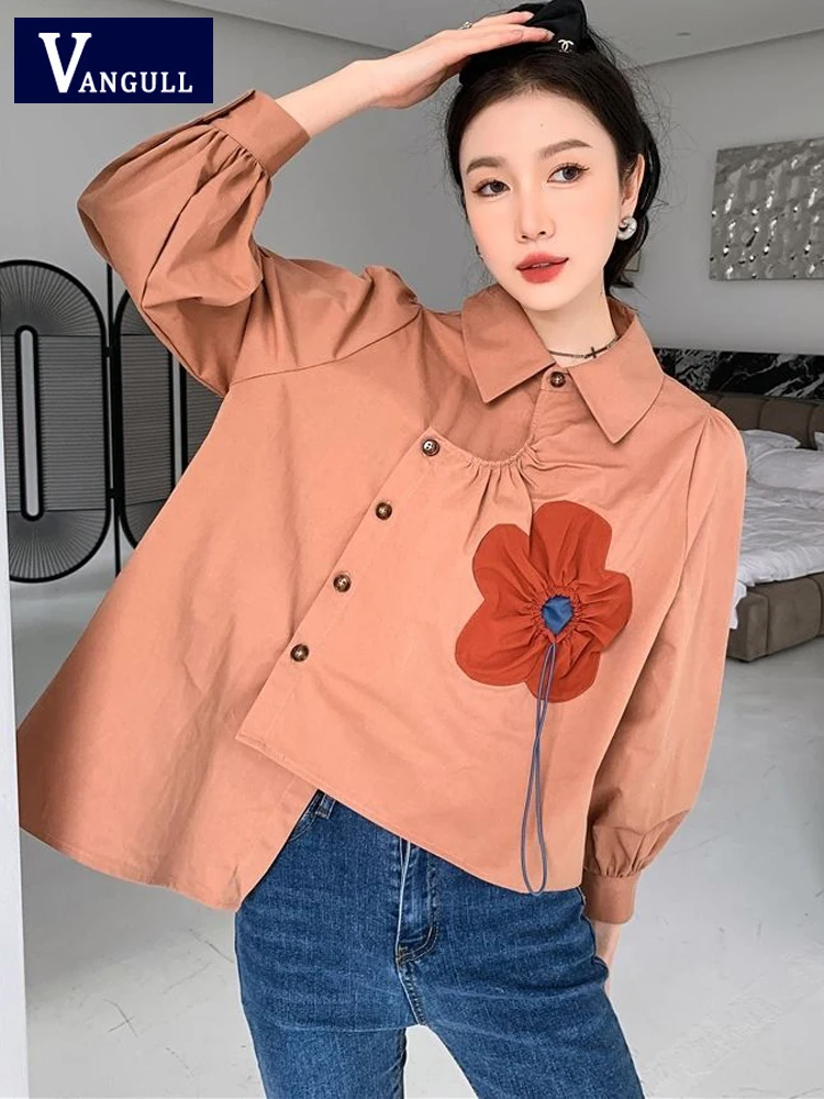 

Vangull Fashion Orange Irregular Shirt Women Long Sleeve Single Breasted Tops Female Turn-down Collar Floral New Ladies Shirt