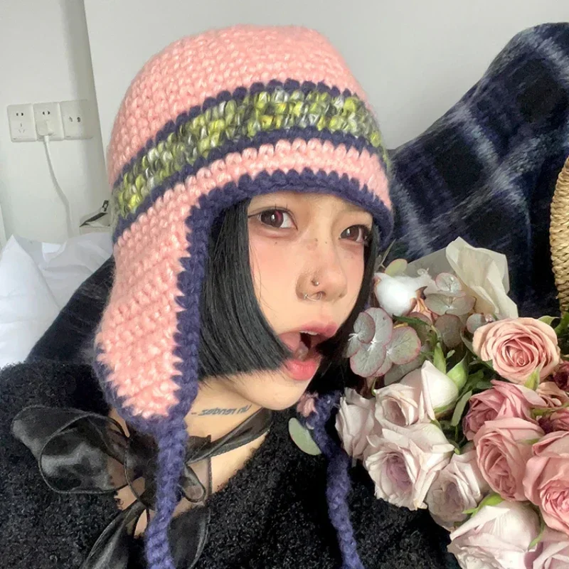 Нишевые защитные наушники контрастного цвета вязаные шапки-бомберы женские