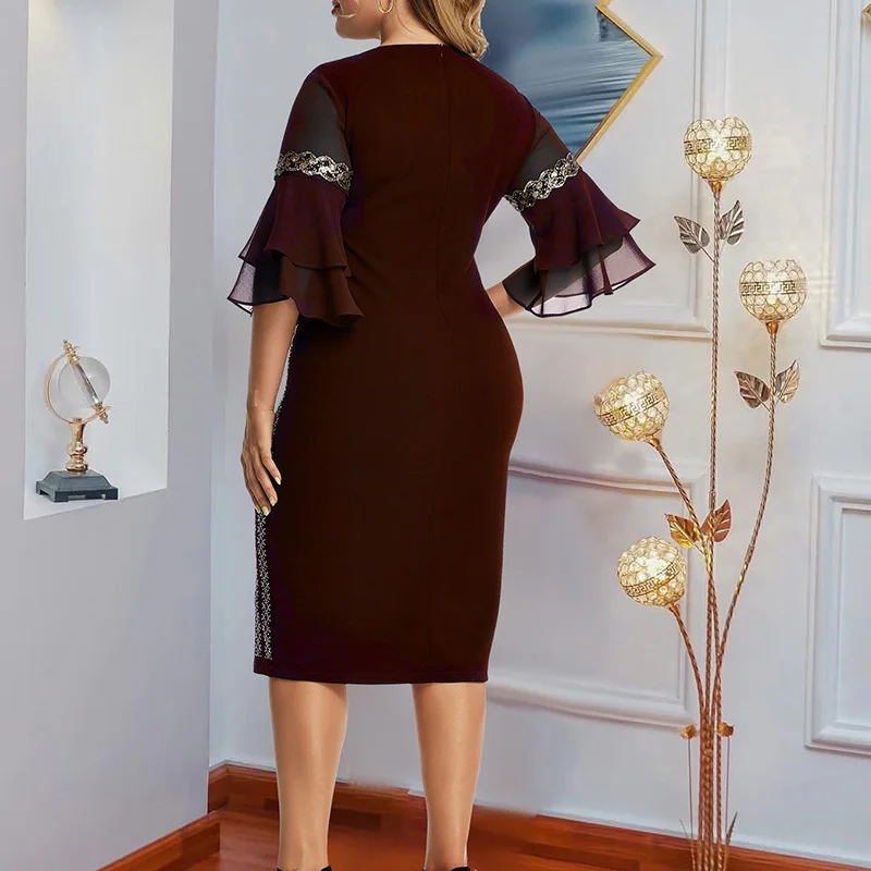 Street Trendsetter Hot Drill Patchwork Pencil Skirt Women Fashion Double-layer Ruffle Sleeve Zipper Slim Bag Hip Plus Size Dress
