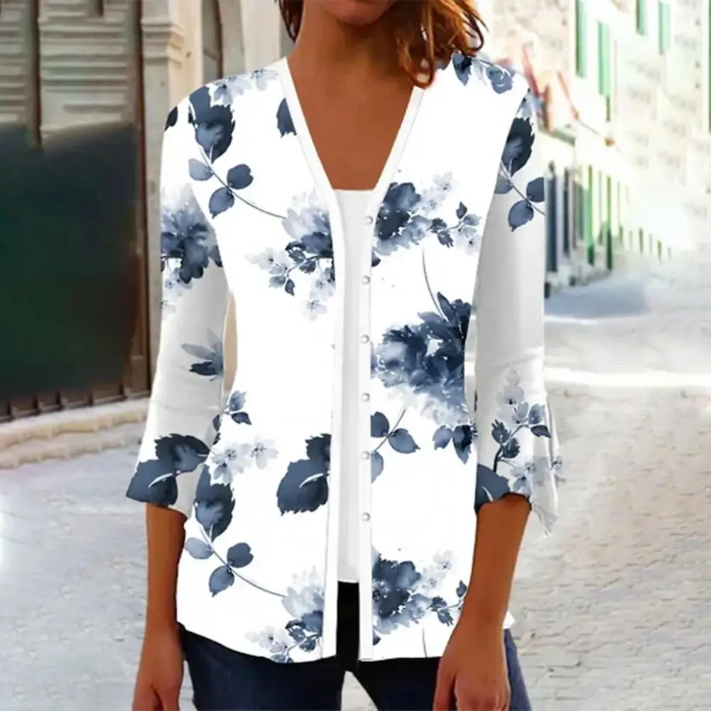 

Women T-shirt Stylish V-neck 3/4 Flared Sleeve Tops Floral Print Single-breasted Casual Blouse Tee Shirt Female Clothing