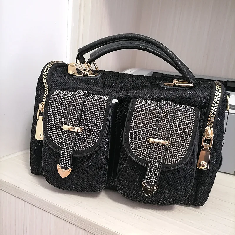 

CFUN YA Luxury Women Handbag Real Leather Sequined Bag Black Large Ladies Shoulder Bag Designer Crossbody Pack 2022 Fall Winter