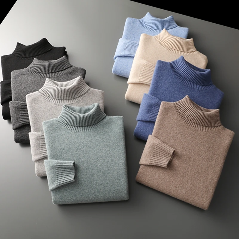 2023 New Winter Men's Seven-Needle Thickened Turtleneck 100% Wool Knit Sweater Casual Business Pullover