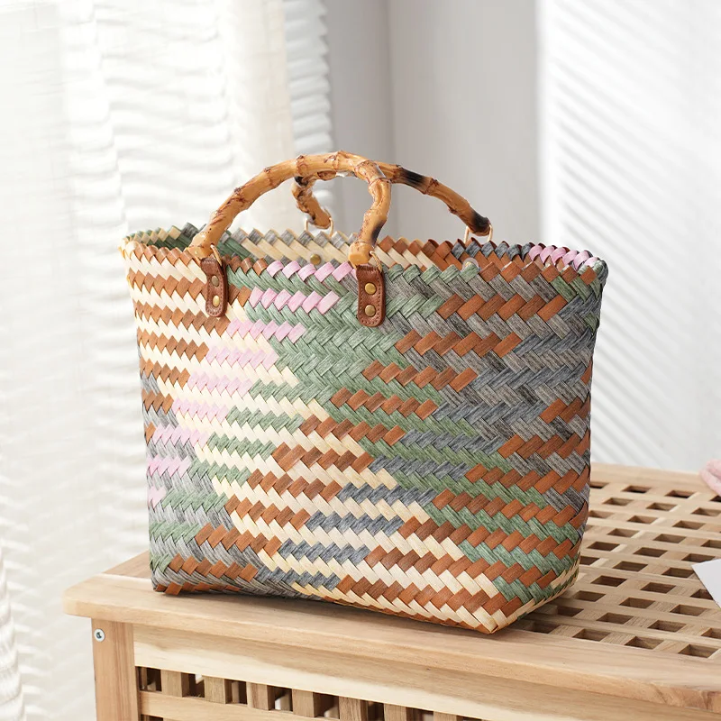 

Vintage Bamboo Handle Rattan Ladies Handbag Wicker Hand Woven Basket Bag Woman Summer Beach Straw Bag Casual Tote Purses Women