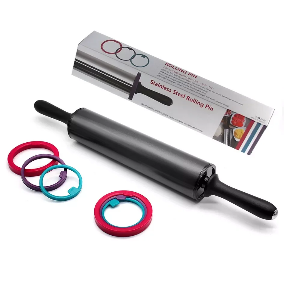 

NEW2023 Large Adjustable Stainless Steel Rolling Pin with 3 Removable Thickness Rings, Kitchen Tool with Plastic Handle, Gadget