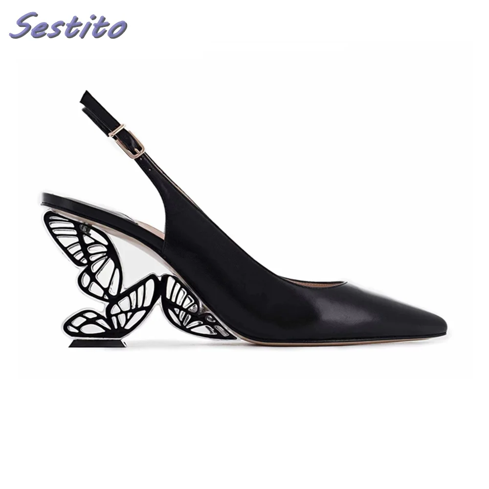 

Pointed Toe Butterfly Heel Shallow Pumps Strange Style Black Sexy Solid Slingback Slip On Women Shoes Dress Banquet Fashion 2023