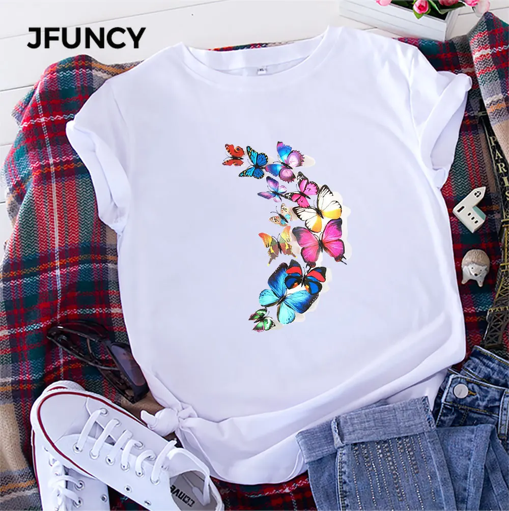 JFUNCY 2023 Summer Women Cotton T Shirt Woman Short Sleeve Tops Butterfly Print Tshirt  Casual Loose Female Tees