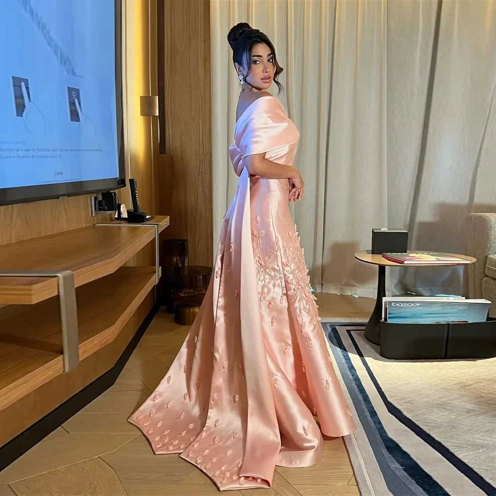 

Muloong Pink Off Shoulder Women Evening Dresses A Line Floor Length Prom Gown 3D Flowers Beaded New 2023 فساتين الحفلات