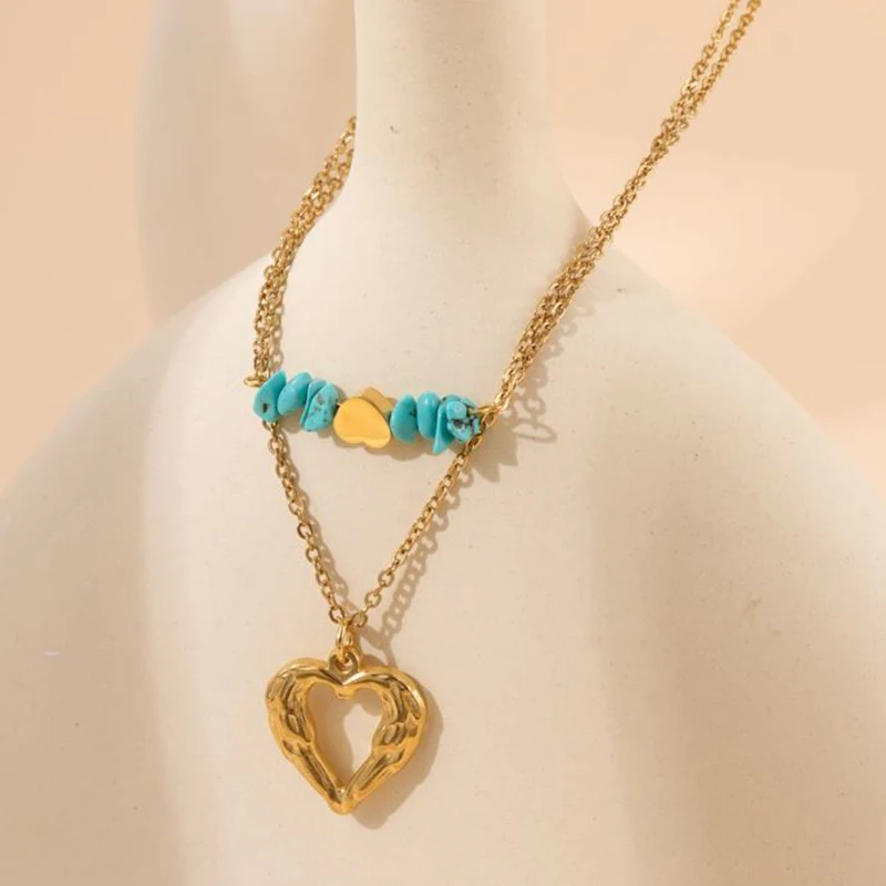 

Fashion Necklace Stainless Steel Heart-shaped Love Double Layer Women's Necklaces Turquoise Handmade Jewelry Gifts Wholesale