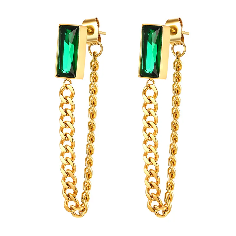 

Green Diamond Chain Earrings Women European and American Retro Flower Stone Stone Stone Stone Stone Hip Hop Women's Earrings