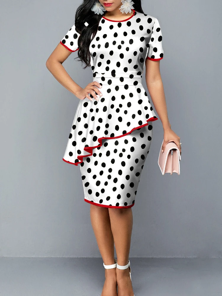 

Polka Dot Dresses Women Bodycon Print O Neck Short Sleeves Peplum Summer Party Date Daily Evening Fashion Office Ladies Dress