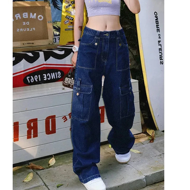 

Women's Vibe Vintage Cargo Jeans Fashion Pocket High Waist Straight Pants High Street Baggy Mopping Denim Trouser Ladies Summer