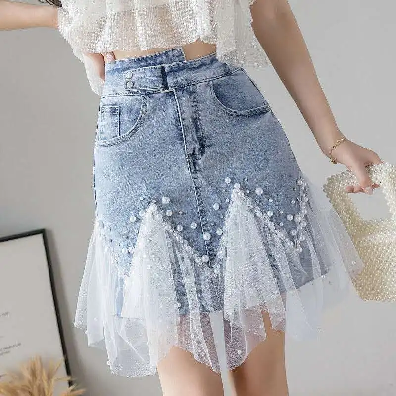 Spring/Summer 2022 New Heavy Industry Beaded Mesh Ruffle Hemline Cross High Waist Denim Skirt  plaid skirt  vintage  Casual