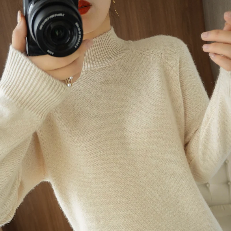 

Autumn and winter half high collar sweater women's loose thickened pullover with sweater inside new long sleeve bottomed top