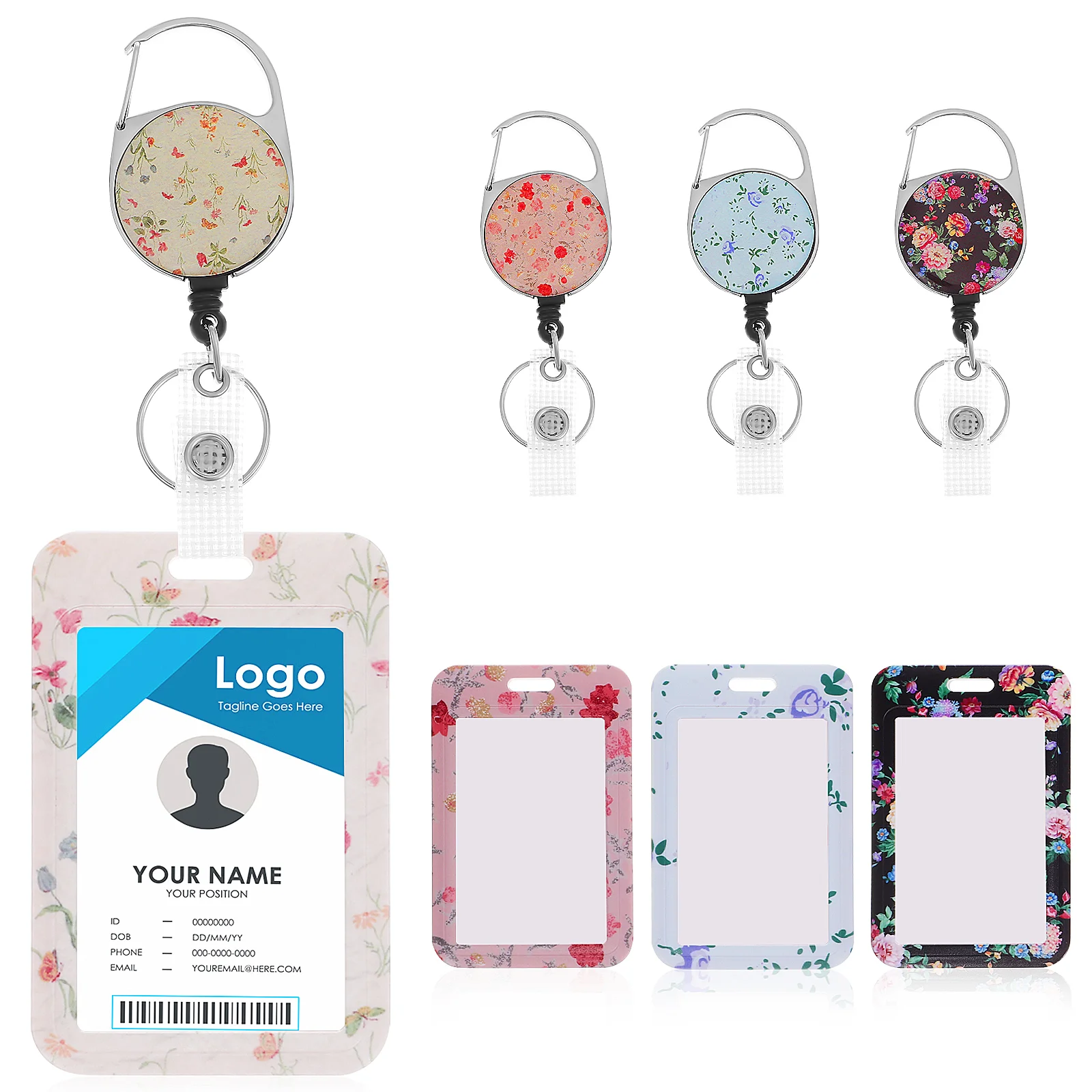 

4Pcs ID Badge Holder Flower Printing Card Sleeve Name Tag Holder with Retractable Clip for Nurse Teacher