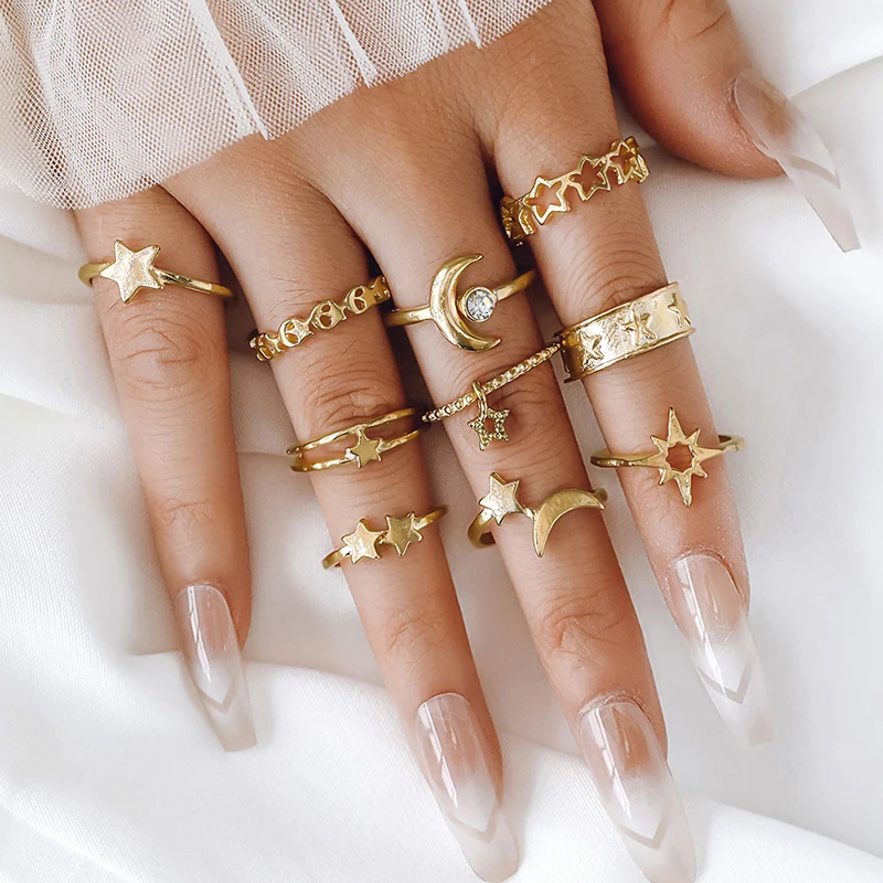 

10 Pcs Gold Color Rings Sets For Women Aesthetic Y2K 2023 Trendy Moon Star Jewelry New Accessories Loverly Gift Free Shipping