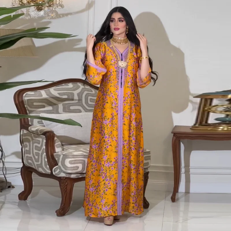 Muslim Dress 2023 Spring Summer Fashion Style Muslim Women Long Sleeve V-neck Polyester Printing Orange Long Dress Muslim Abaya