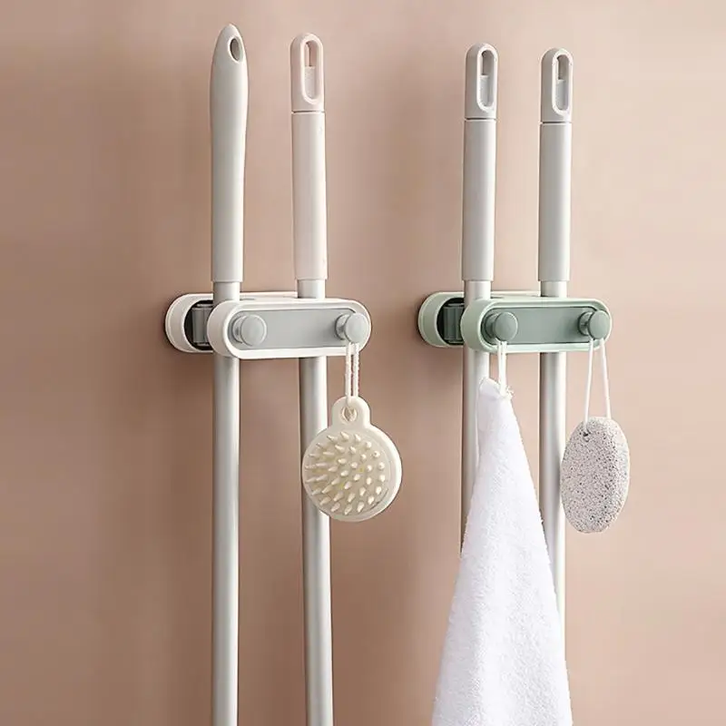 

Mops Rack Traceless Free Punch Mop Holder Wall-mounted Space Saving Broom Racks Bathroom Accessories Double Card Slot Design