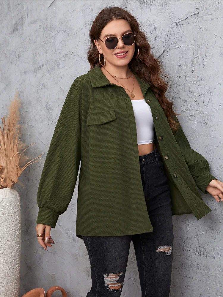 Versatile solid pockets, balloon sleeves, folding collar, plus-size coat plus size women clothing  casaco feminino