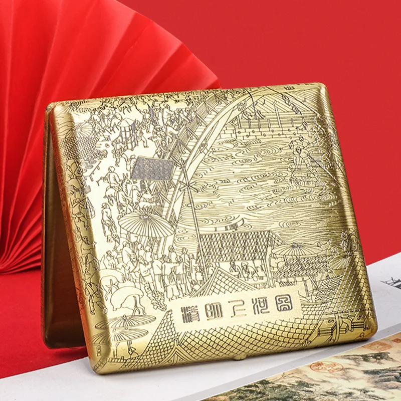 Фото Портсигар Qingming Shanghetu, латунь, модный металл, 20 шт., портативный, золотой, латунь №2